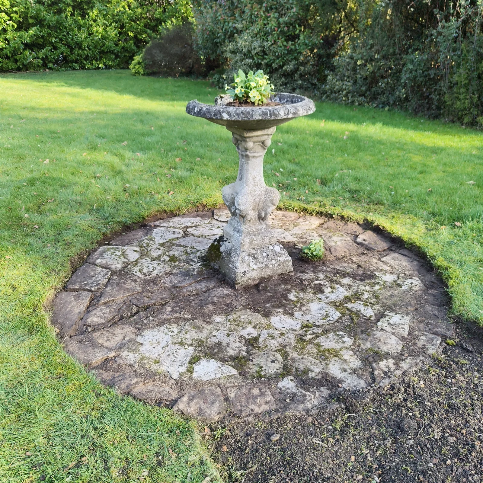 Defined circular lawn edge around the bird bath paving
